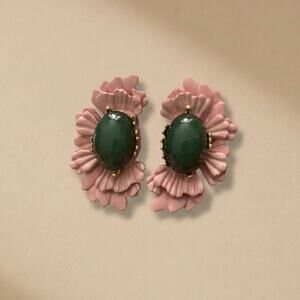 Art Deco Museum Flower Earrings Antique Pink Half Stud Boho VTG Retro Gold Pink